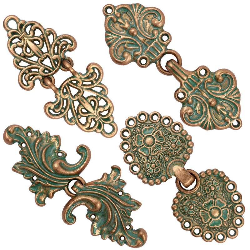 Bezelry Mixed Cloak Clasp in Copper Green Color. 4 Pairs in a Package. One Style a Pair. Sew On Hooks and Eyes Cardigan Clip. - Image 1
